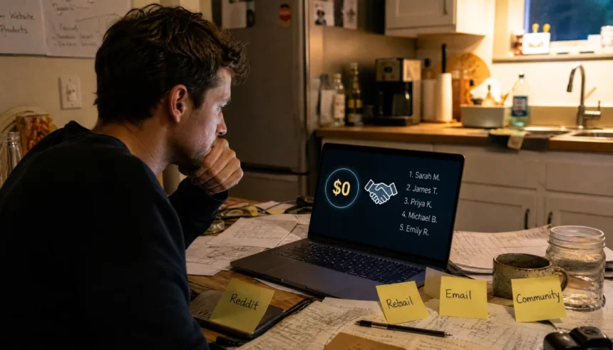 Person at kitchen table with zero budget planning to get first 10 paying customers