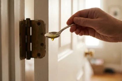 Person applying olive oil to a squeaky door hinge with a teaspoon
