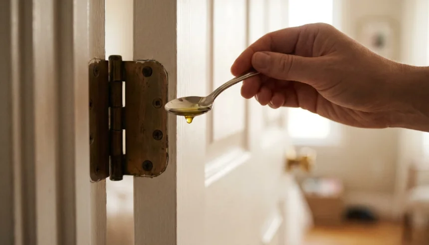 Person applying olive oil to a squeaky door hinge with a teaspoon