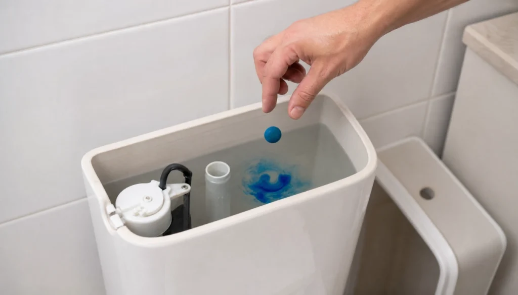Person dropping food coloring tablet into toilet tank to test for a leaking flapper