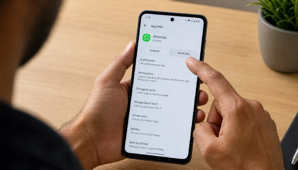 Android Settings screen showing Force Stop option inside the Apps menu