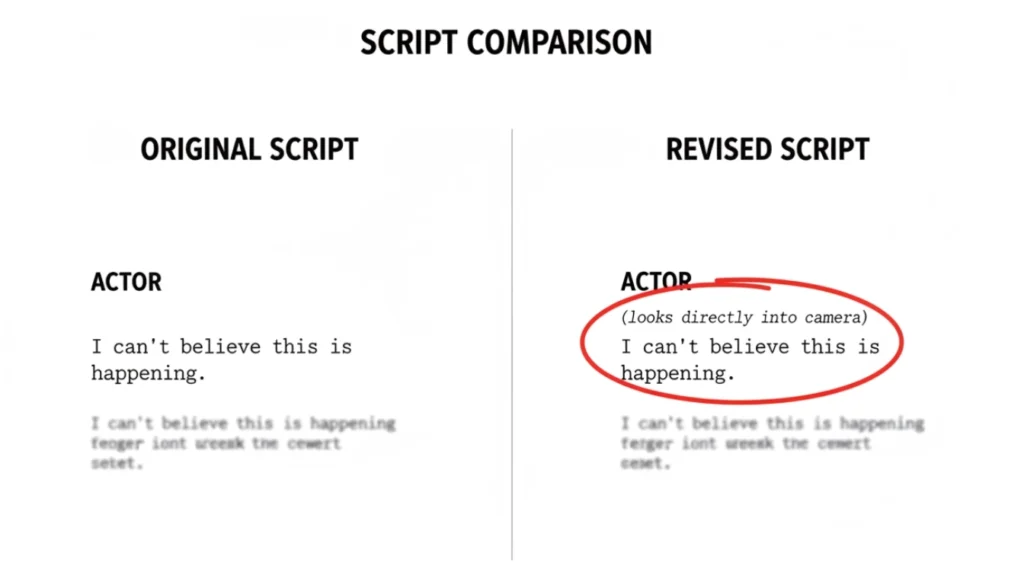 Comparison of a normal script line and a script with a fourth wall break direction showing direct camera address