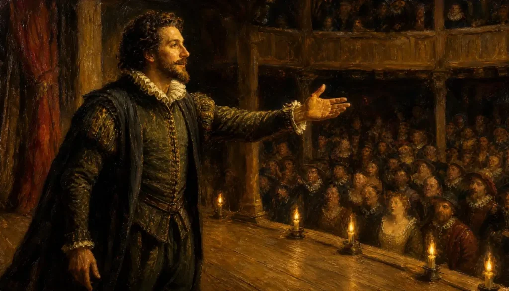 A theatrical illustration of a Shakespearean actor addressing the audience directly from the stage, showing the historical roots of breaking the fourth wall.