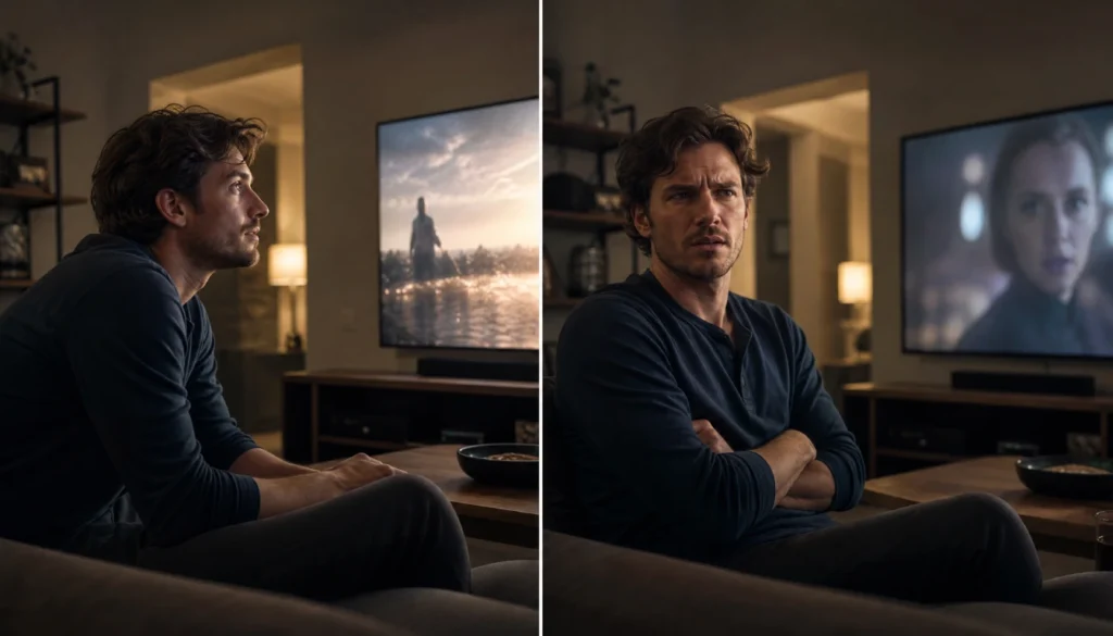 A split image showing two viewer reactions to fourth wall breaking, one engaged and one confused, illustrating how the technique can either strengthen or disrupt a story.