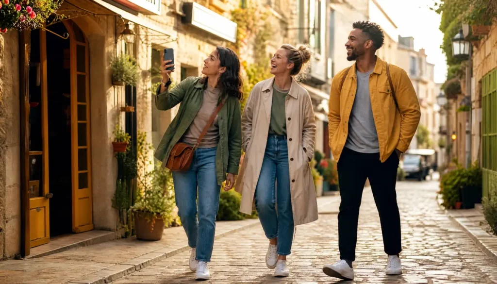 Three friends on a self-guided walking tour through a historic old town neighborhood on a budget weekend trip
