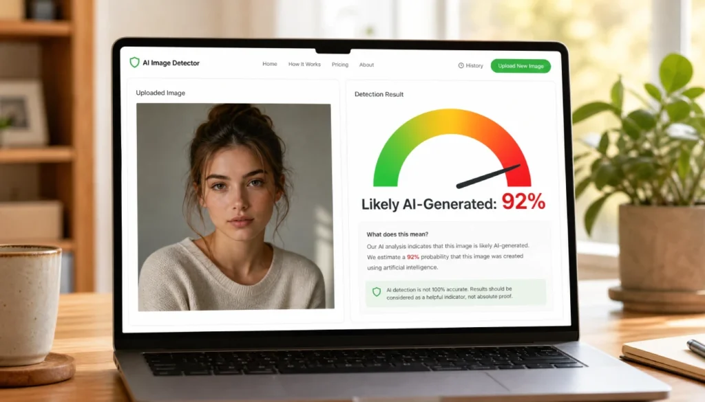 Screenshot illustration of a free AI image detection tool showing 92 percent AI-generated probability result