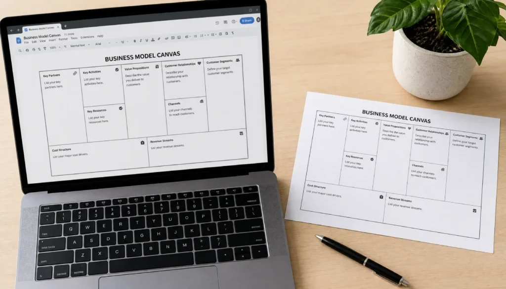 Laptop showing a fillable business model canvas template on screen next to a printed version on a wooden desk