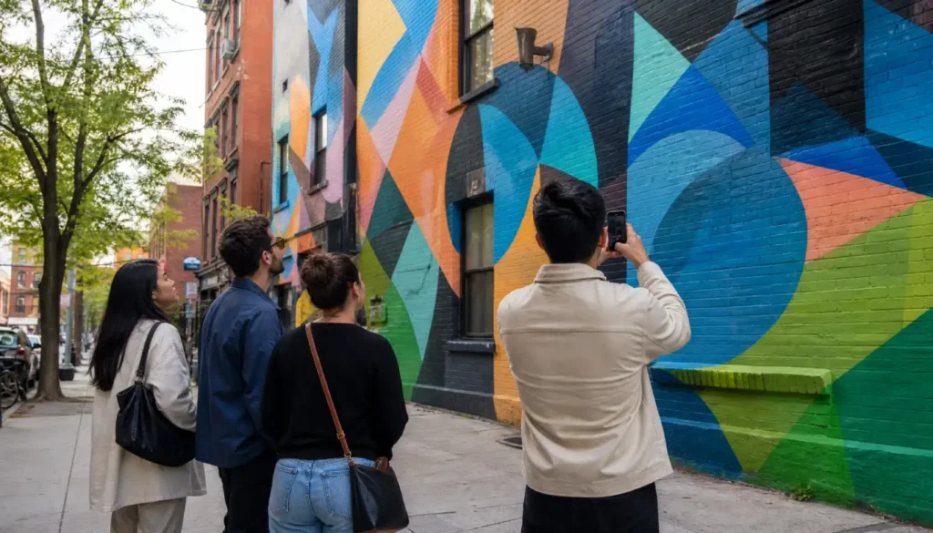 Small group of travelers admiring a colorful street mural during a free street art walking tour