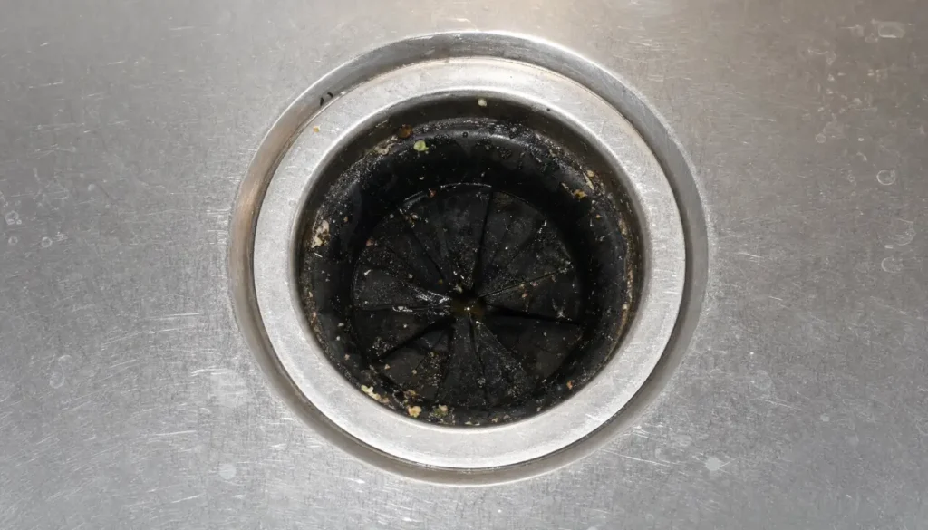 Close-up of food residue and grease buildup inside a kitchen sink garbage disposal drain