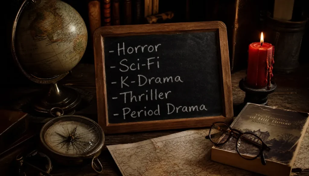 Chalkboard with TV genre labels like horror, thriller, and K-drama surrounded by cinematic vintage objects