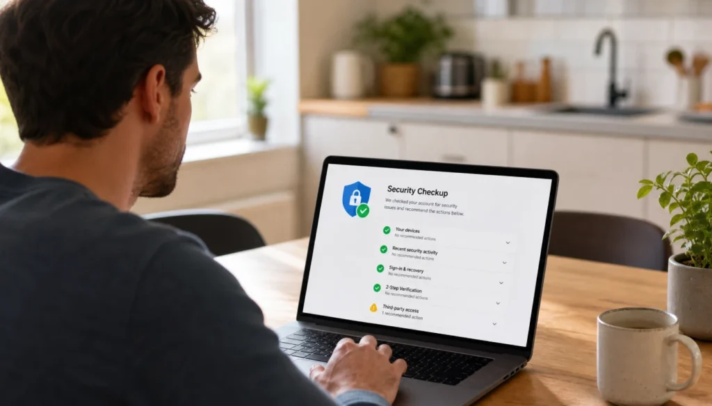 Person checking Google password security checkup results on a laptop at home