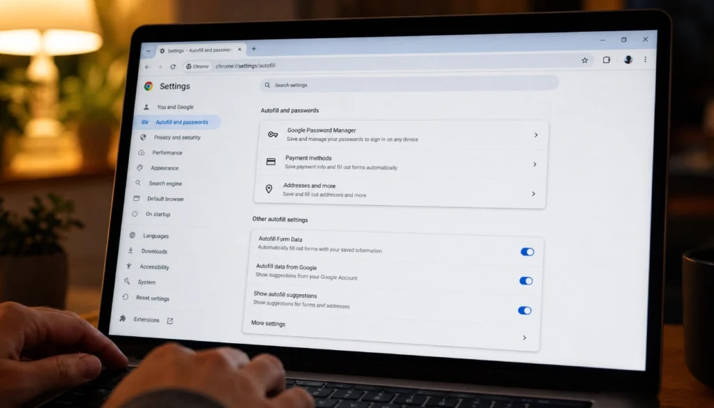 Google Chrome settings open to the passwords and autofill section on a laptop