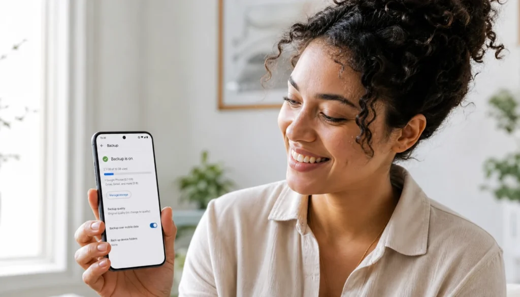 Person smiling at phone after turning on Google Photos backup to prevent losing photos in future
