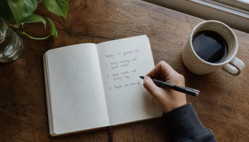 Overhead view of a hand writing a gratitude list in a journal beside a morning coffee cup