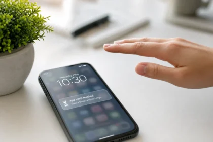 iPhone screen in grayscale mode displaying an Instagram feed in black and white, demonstrating how removing color reduces visual appeal to help cut screen time.