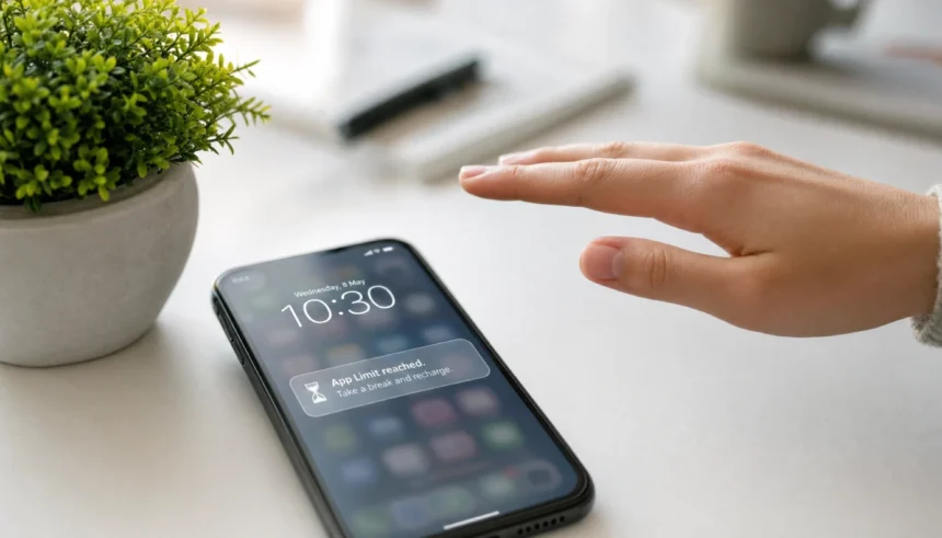 iPhone screen in grayscale mode displaying an Instagram feed in black and white, demonstrating how removing color reduces visual appeal to help cut screen time.