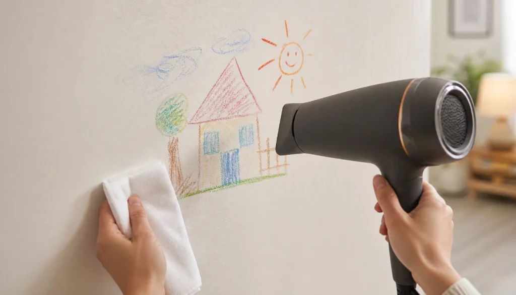 Using a hair dryer to lift crayon wax off a painted wall without scrubbing
