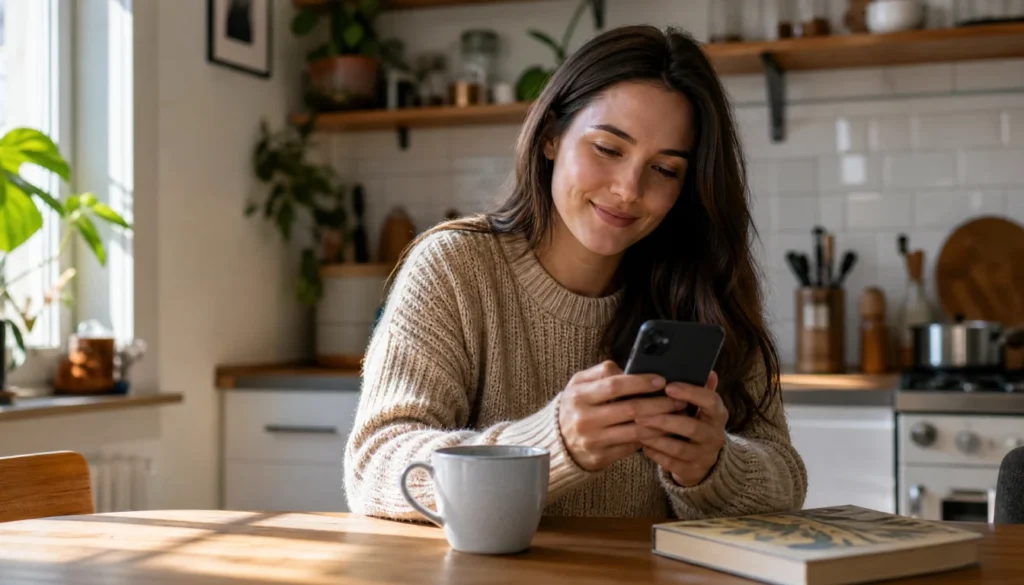 Woman smiling calmly at her phone in a bright kitchen, representing a healthy and mindful relationship with social media