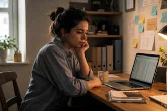 Woman working at a home office desk looking stressed while reviewing her business spreadsheet