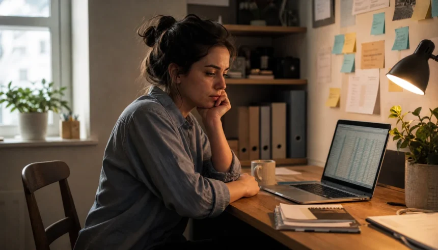 Woman working at a home office desk looking stressed while reviewing her business spreadsheet