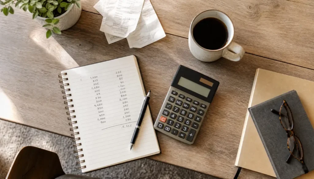 Flat lay of a home business budget notebook with a calculator and receipts showing cash flow planning