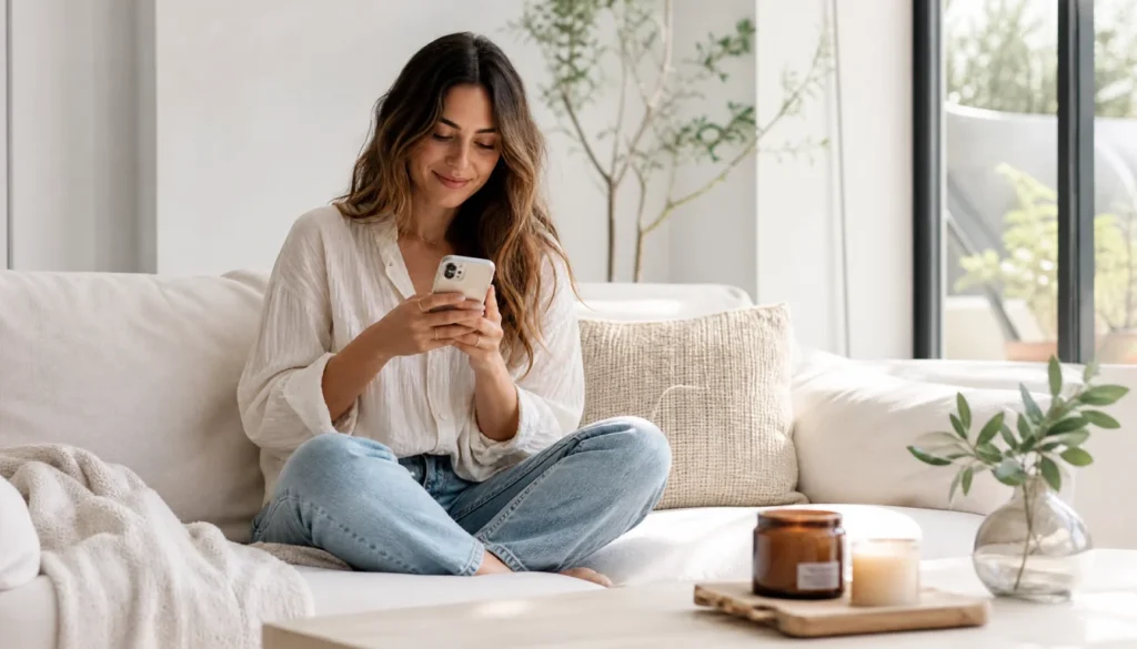 Woman marketing her home business on social media using her smartphone while sitting at home