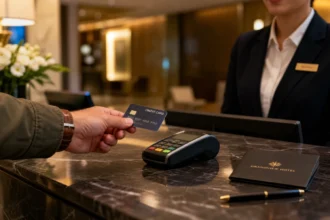 Traveler handing a credit card to a hotel front desk agent at check-in