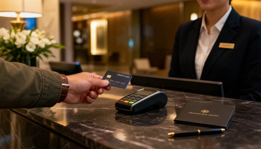 Traveler handing a credit card to a hotel front desk agent at check-in
