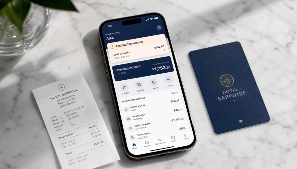Smartphone showing a pending hotel credit card hold next to a hotel key card and receipt
