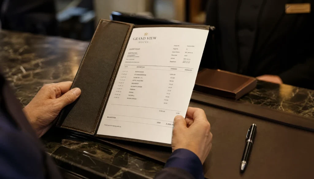 Hotel guest reviewing final folio bill at checkout counter before leaving