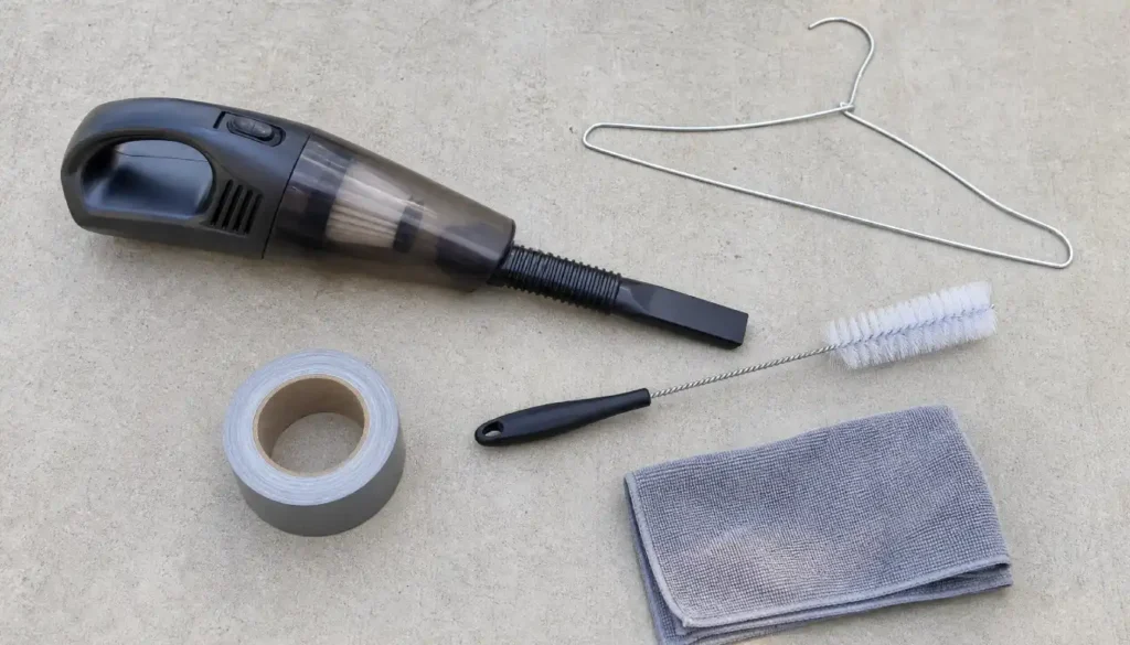 Household items used to clean a dryer vent without a kit: vacuum hose, coat hanger, bottle brush, duct tape, and microfiber cloth