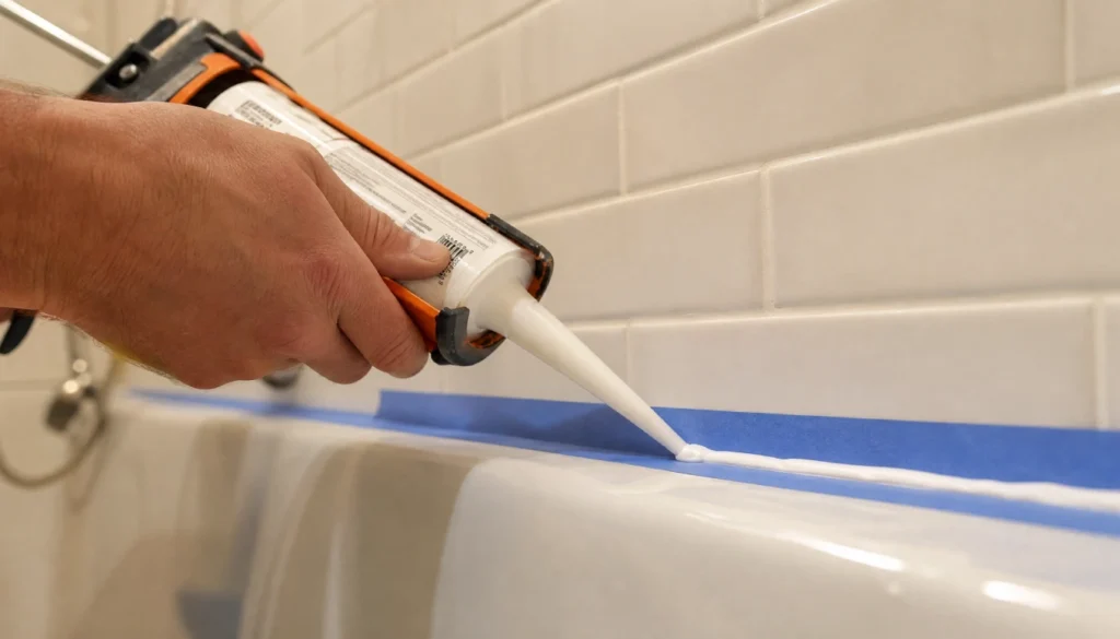 Person applying a smooth bead of white caulk along a bathtub and tile joint using a caulk gun with painter's tape on both sides