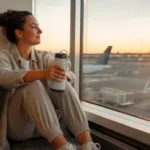 Woman sitting at airport window in sunlight with water bottle, preparing for a long-haul flight naturally