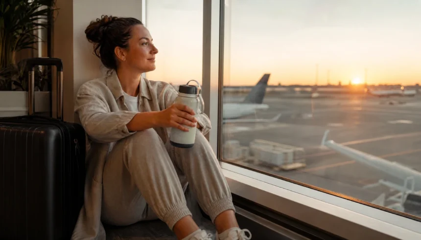 Woman sitting at airport window in sunlight with water bottle, preparing for a long-haul flight naturally