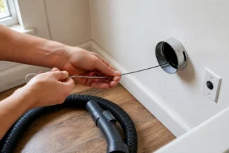 Person inserting a wire coat hanger into a dryer vent duct opening in a home laundry room