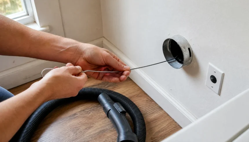 Person inserting a wire coat hanger into a dryer vent duct opening in a home laundry room