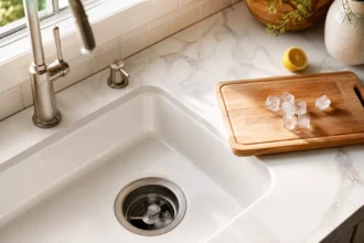 Ice cubes being dropped into a kitchen sink garbage disposal for natural cleaning