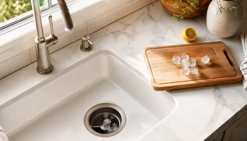 Ice cubes being dropped into a kitchen sink garbage disposal for natural cleaning