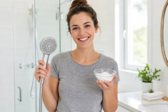 Person holding a clean chrome shower head and a bowl of citric acid powder in a bright bathroom