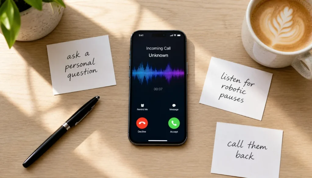 A smartphone showing an active call with waveform audio visualization, surrounded by handwritten detection tips for spotting a deepfake voice call.