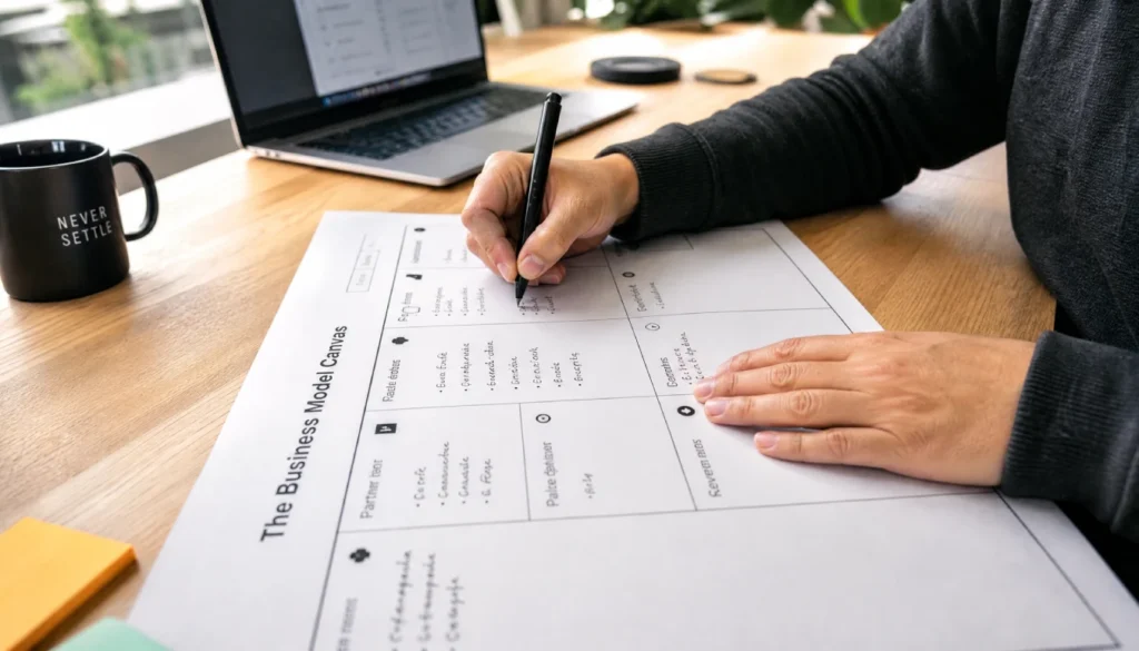 Person filling out a business model canvas by hand at a wooden desk with a laptop and coffee nearby