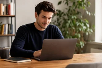 A young entrepreneur working on a laptop in a bright home office, planning how to find their first paying customer with no budget.