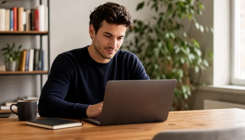 A young entrepreneur working on a laptop in a bright home office, planning how to find their first paying customer with no budget.