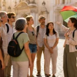 A tour guide leading a small group on a free walking tour through a historic European city square