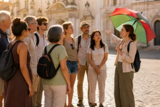 A tour guide leading a small group on a free walking tour through a historic European city square