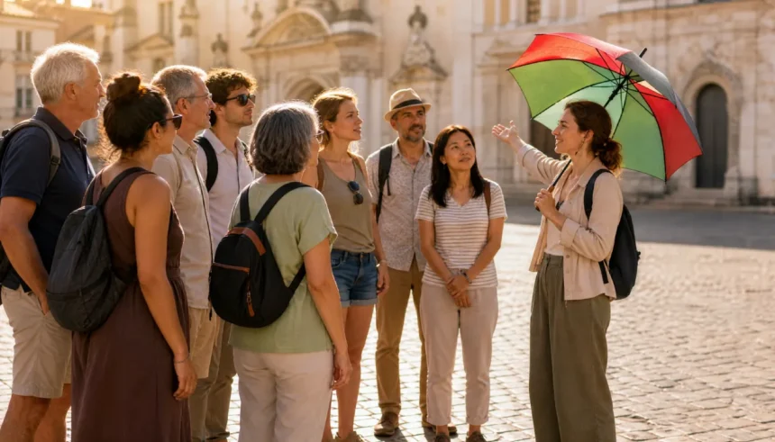 A tour guide leading a small group on a free walking tour through a historic European city square