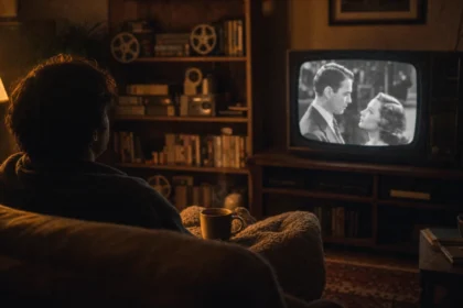 Person watching a classic black-and-white film on a glowing TV screen in a cozy living room at night