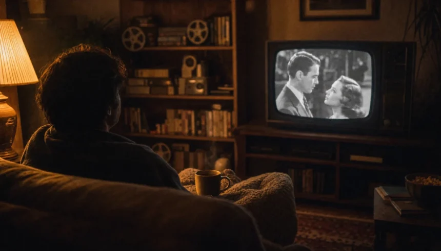 Person watching a classic black-and-white film on a glowing TV screen in a cozy living room at night