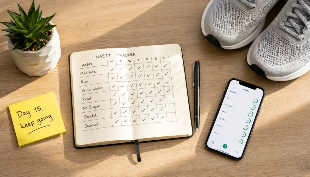 A flat lay of a habit tracker notebook, running shoes, and a phone with a habit app showing tools to stay consistent past the 2-week motivation slump.