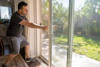 homeowner trying to open a sticking sliding glass patio door